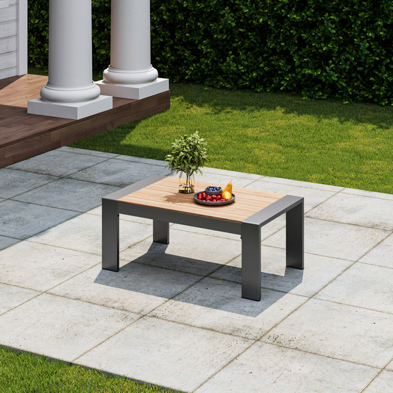 Outdoor Coffee Table With Strong Metal Frame & Cool Wood Look Top