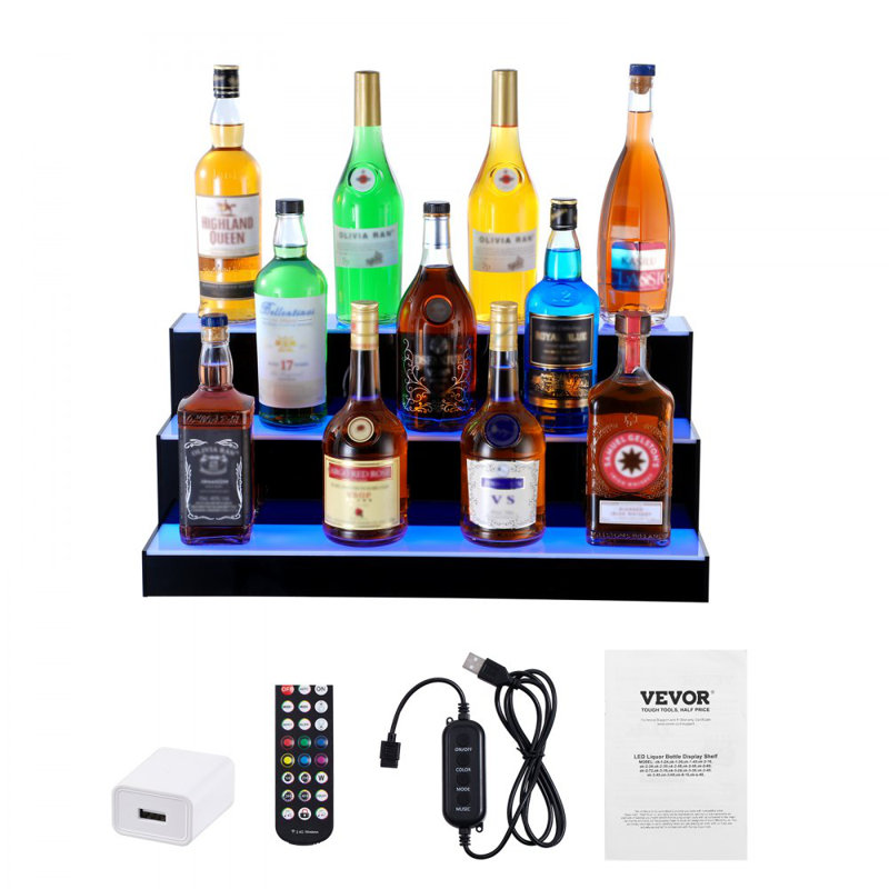 LED Lighted Liquor Bottle Display Bar Shelf RF & App Control 60" 3-Step, 10" H x 24" W x 12" D