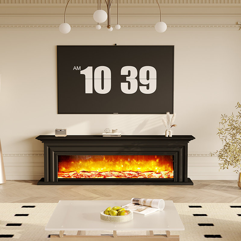French-style creamy wind solid wood electric fireplace cabinet with simulated flames, 27.56" H x 70.87" W x 12.6" D, Black
