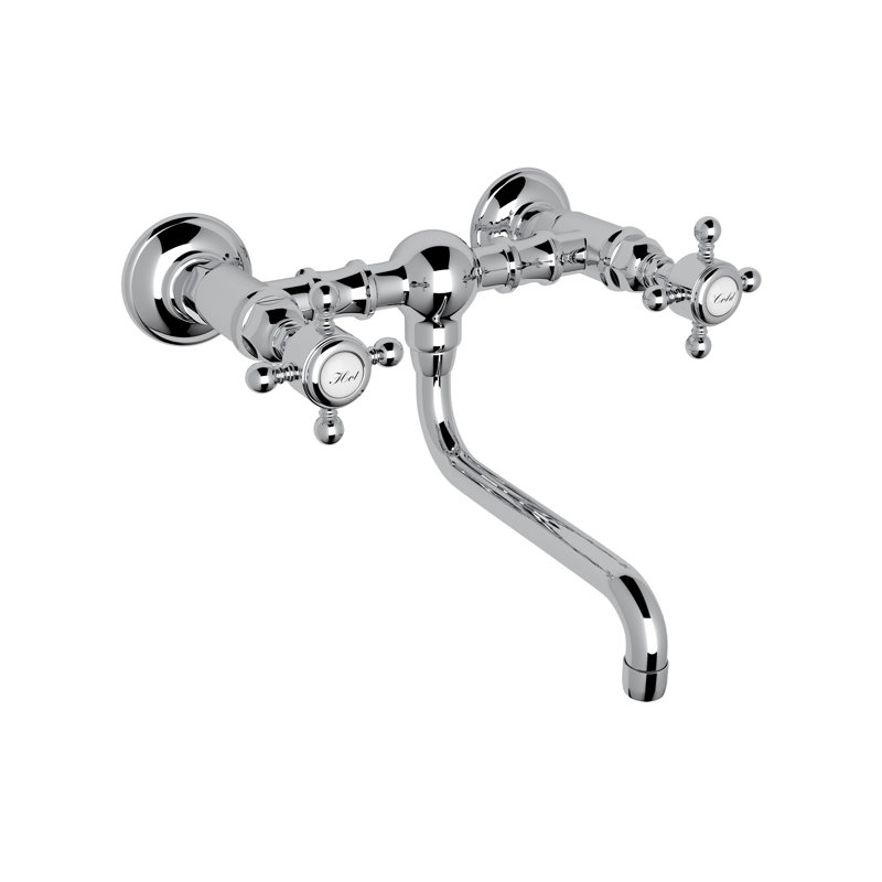Acqui Wall Mount Bridge Lavatory Faucet, Polished Chrome, Cross Handle