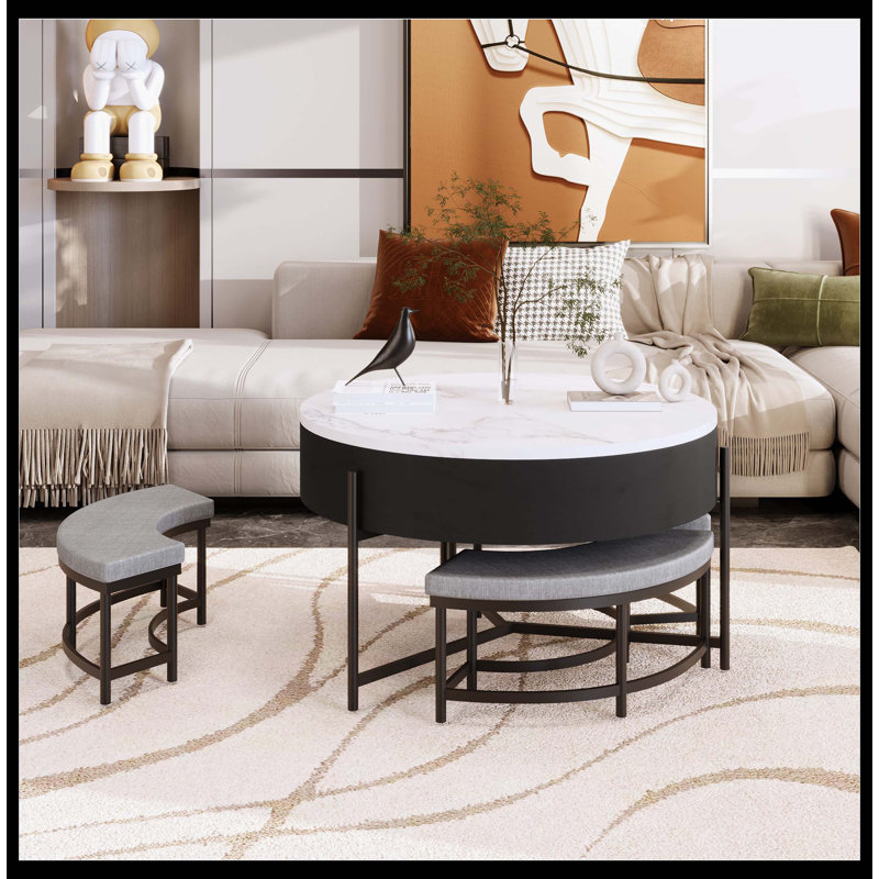 Table basse moderne à plateau relevable avec rangement et 3 repose-pieds blanc et noir, H 25 po x L 31,5 po x l 31,5 po, Noir