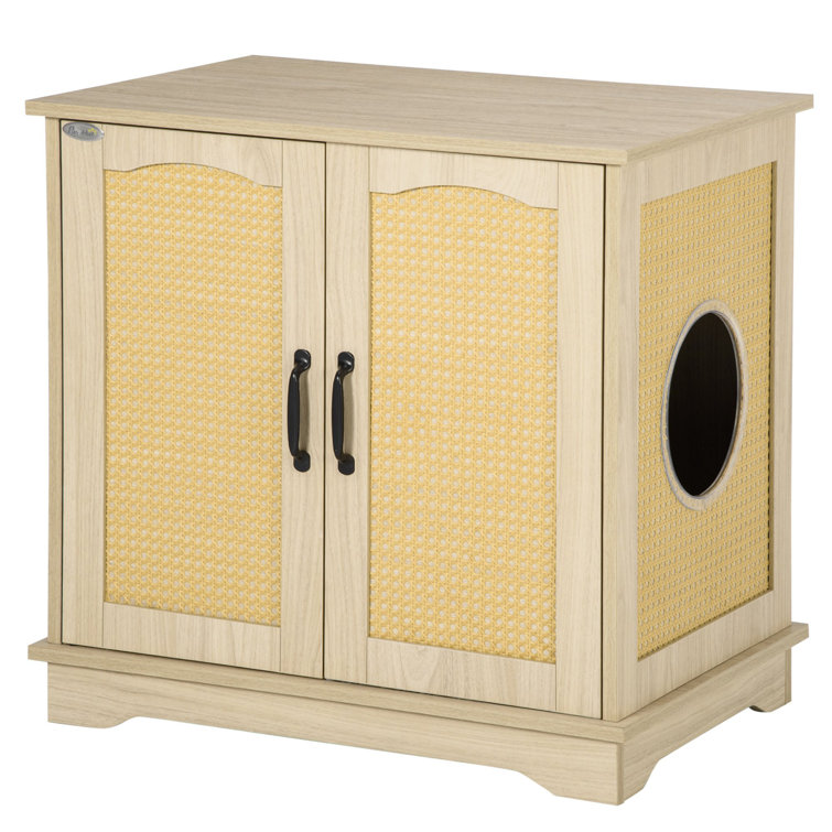 Sherrie Hidden Litter Box Enclosure Cat Washroom Furniture With PE Rattan Decoration Cushion Double Doors Wooden Pet House End Table, Oak