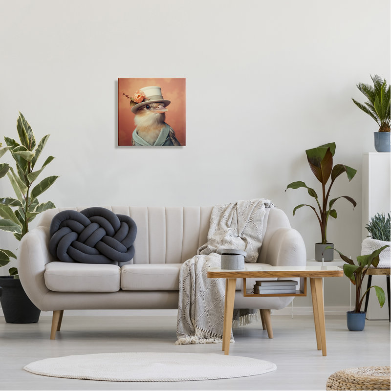 Oiseau au chapeau rétro sur toile par Roozbeh, H 17 po x l 17 po x P 1,5 po