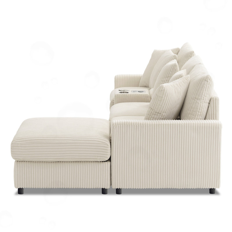 Canapé modulaire en L avec console 5 pièces Thalune, Velours côtelé crème