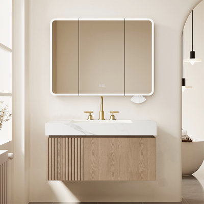 Meuble-lavabo et lavabo de salle de bain de luxe en bois naturel de 91 cm (36 po) - Meuble de salle de bain suspendu moderne pour famille - Meuble de salle de bain en pierre frittée de style milieu du siècle