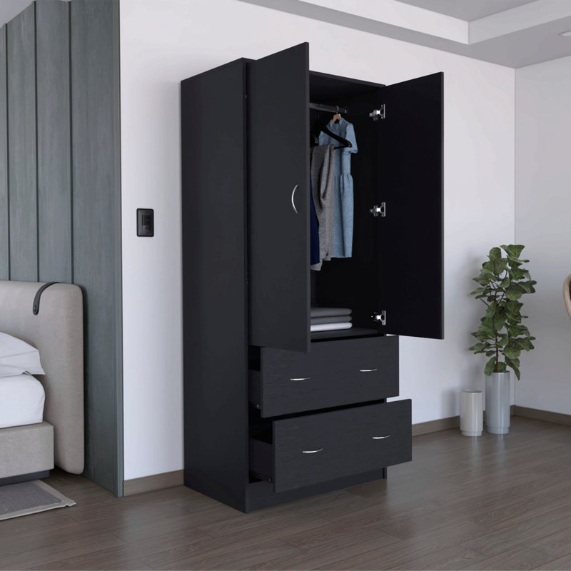 Armoire avec portes doubles, 2 tiroirs et tringle, Black