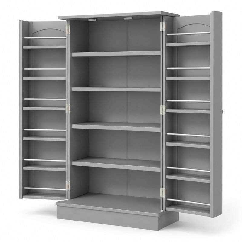Armoire de rangement moderne de style campagnard à cinq niveaux réglables, avec douze étagères et portes doubles à panneaux, idéale pour la cuisine et la salle à manger.