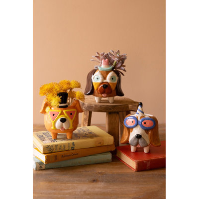  Ceramic Party Puppy Planters 5.5"H Multi Color Glazed Whimsical Accent Set of 3