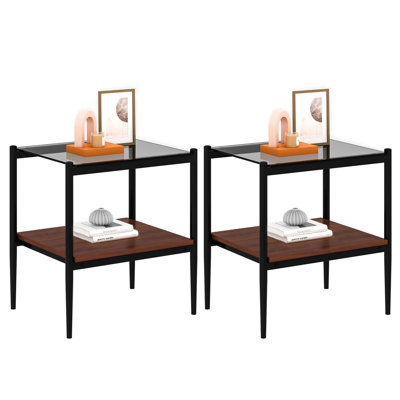 Set Of 2 Modern Rectangle End Tables With Tempered Glass Top And MDF Storage,  For Stylish Living Rooms