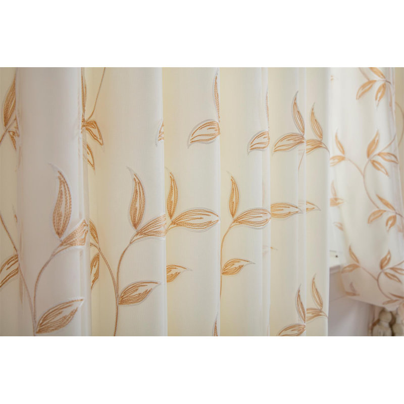 Zapata Leaf Embroidered Voile Curtains Pencil Pleat Pair, 147cm Width x 137cm Drop, Gold