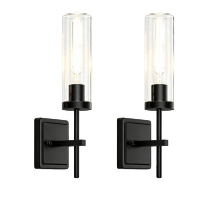 2 Pack Modern Wall Sconces, Vertical Long Clear Cylinder Glass Bathroom Vanity Wall Light Fixtures with E26 Ceramic Socket, Recommended T10 Bulbs Under 7.3 Inches, Bulbs Not Included