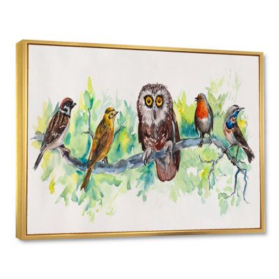 Hibou sur une branche avec des amis oiseaux - Peinture sur toile