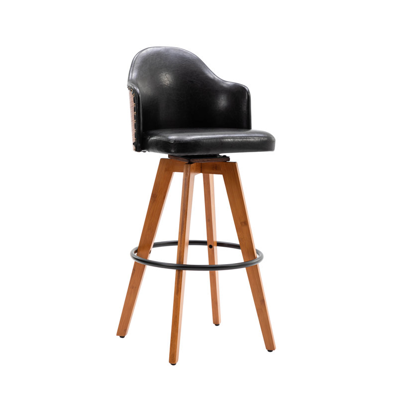 Corrigan Studio® Idan Swivel Bar Stool, Pu Leather Upholstery, Bamboo Legs, Black