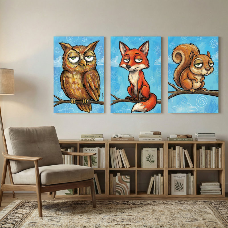 Animaux, chouette renard, écureuil, branche d'arbre, reflet du ciel, ensemble de 3 impressions sur toile, H 36 po x l 72 po