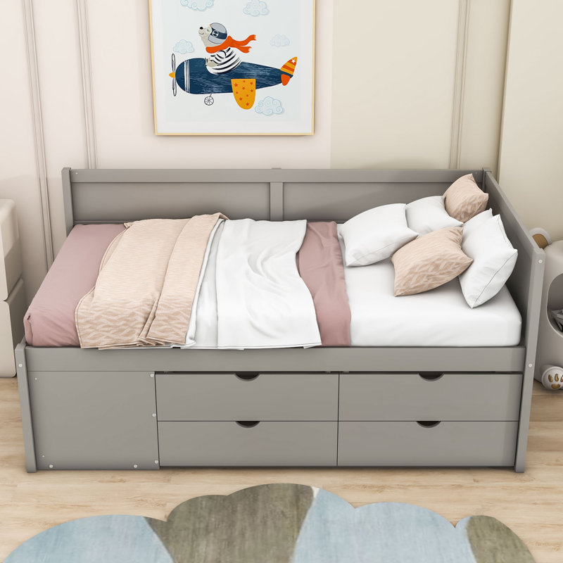 Kouta Wood Daybed with Drawers and Shelves, Twin, Gray