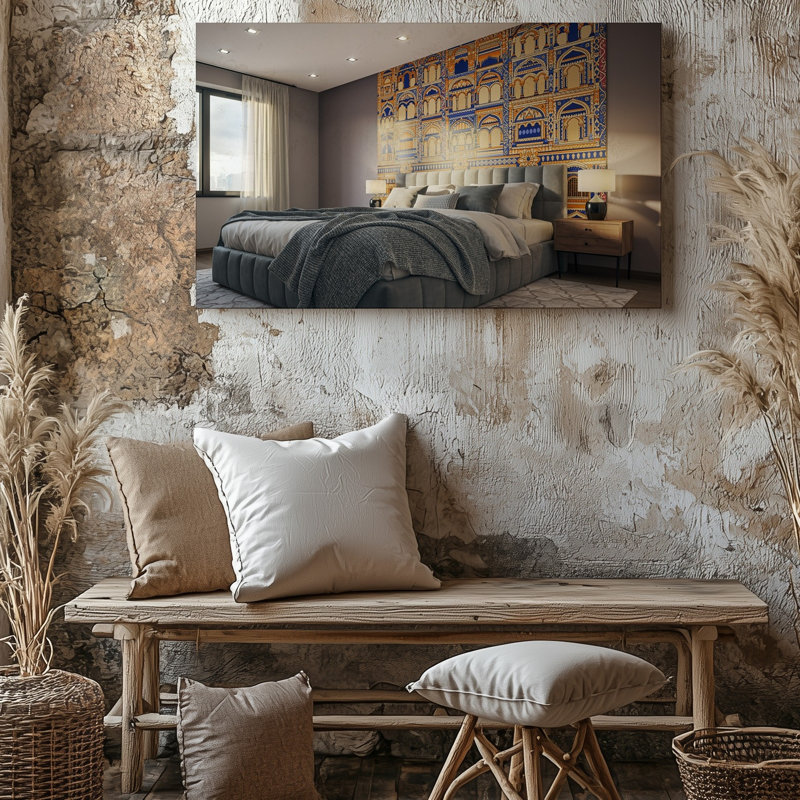 Toile une chambre à coucher moderne avec art mural orné d'un lit rembourré gris moelleux avec une literie de couleur neutre neutre et un art mural sur toile texturée douillette