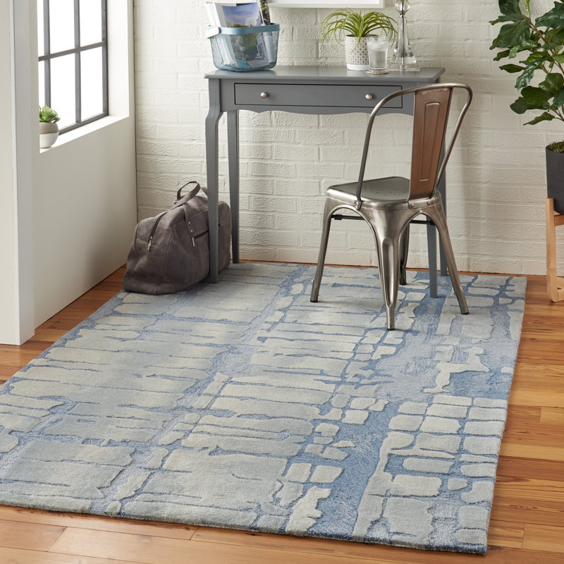 Tapis bleu/gris touffeté à la main Lavonne, Rectangle 5 pi 3 po x 7 pi 9 po