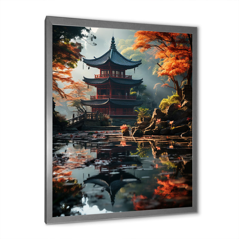 Teije, art asiatique, pagode sereine - impression, H 40 po x l 30 po x P 1,5 po, Impression argent sur toile encadrée