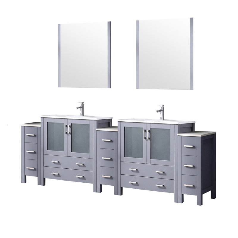 Gris foncé 96 po Large meuble-lavabo double avec armoires latérales, comptoir en céramique blanche, 28 miroirs et robinet en acier inoxydable, teinture pour salle de bain à long terme