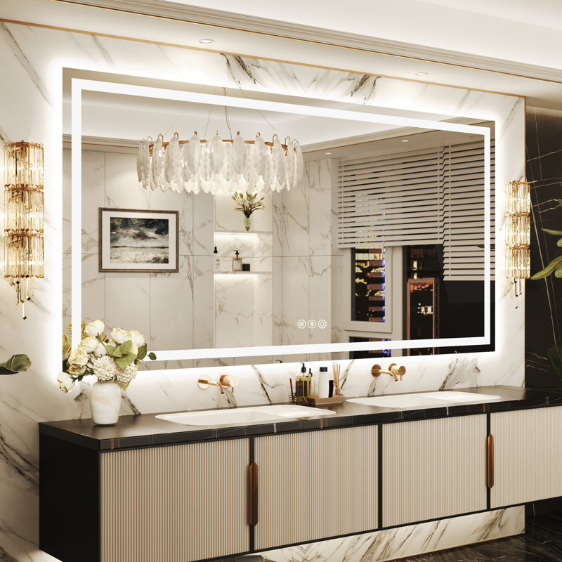 Lunara UL Certified Front Light and Backlit LED Anti-Fog Bathroom Vanity Mirror 5mm Premium Tempered Glass, 96" x 48"