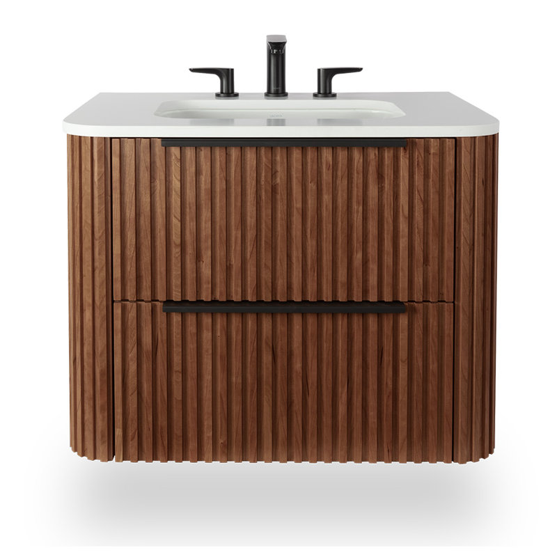 Flutti 30" Vanity, Natural Walnut, Solid Surface Gloss White/1 Center Faucet Hole, Matte Black