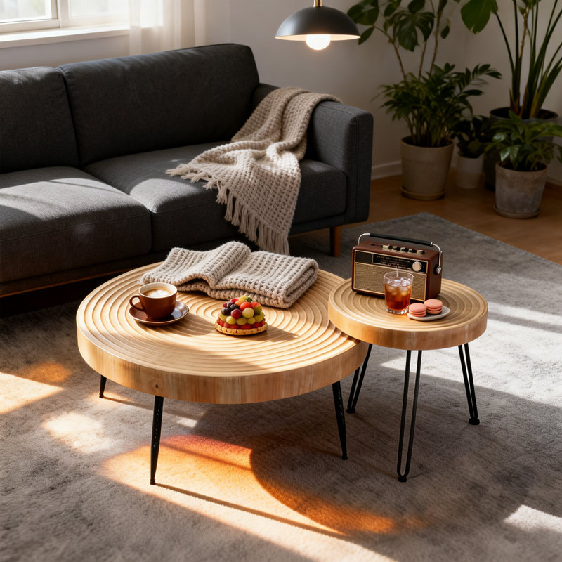 Ensemble de tables basses de salon 2 pièces avec plateau en bois ondulé Audric, Brun