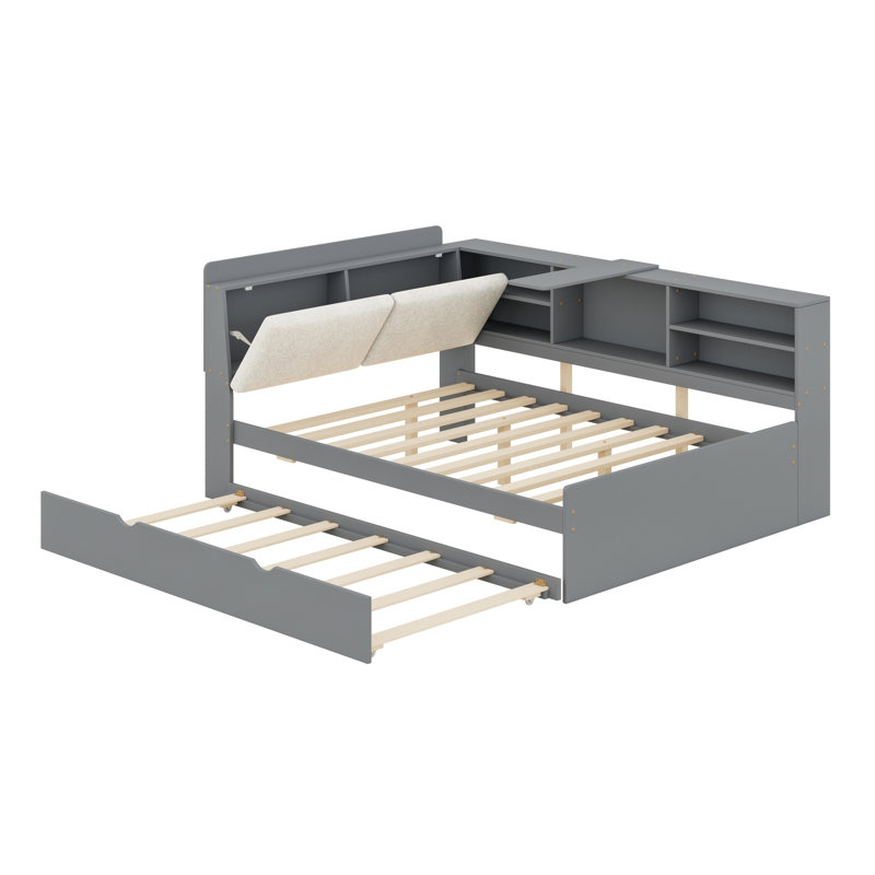 Lit plateforme avec lit gigogne, tablettes et tête de lit, Gris, Lit double