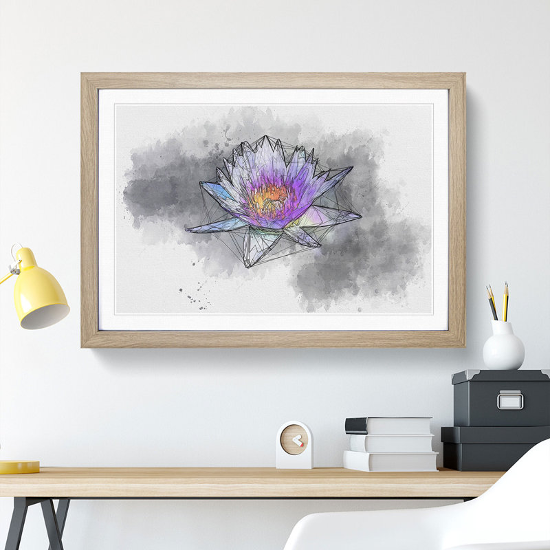 Violet Water Lily Sketch - Picture Frame Graphic Art Print, 40cm H x 60cm W x 2cm D, Oak Framed