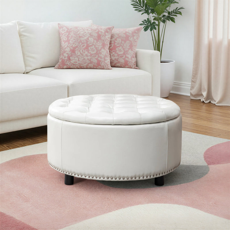 Repose-pieds rond en similicuir Kody, Similicuir blanc