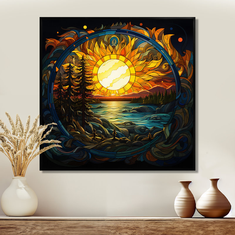 «Vibrant Yellow Sun» au-dessus de Forest Lake - rivière, art mural, Cadre flottant noir, bois massif, H 16 po x l 16 po