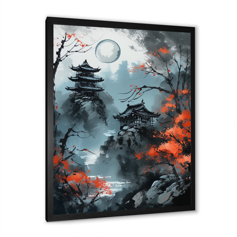" Moonset And Japonese Maple Tree V ", Black Picture Framed, 20" H x 12" W x 1" D