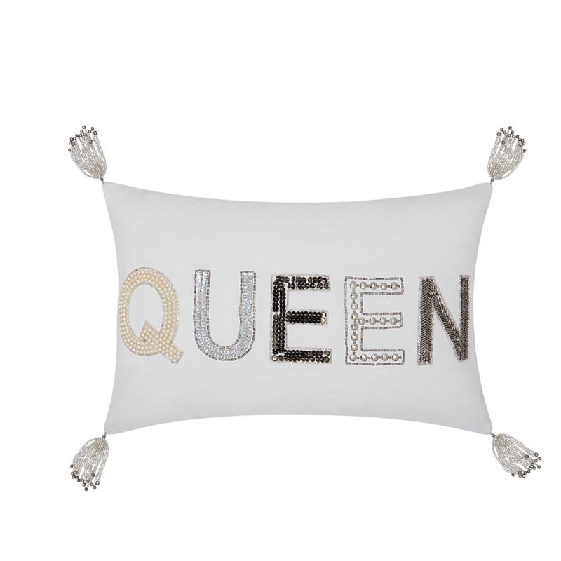 White Embroidered Cotton Kids Throw Pillow with Beaded Queen Design