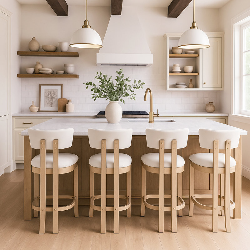 Tabouret de comptoir rembourré en cuir Phalan, Teint naturel, Cuir crème végétalien