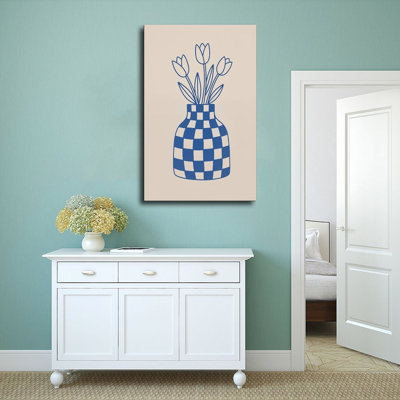 Canvas Wall Art Blue Checkered Vase With Tulips Line Art Print Vintage Poster Print Home Decor