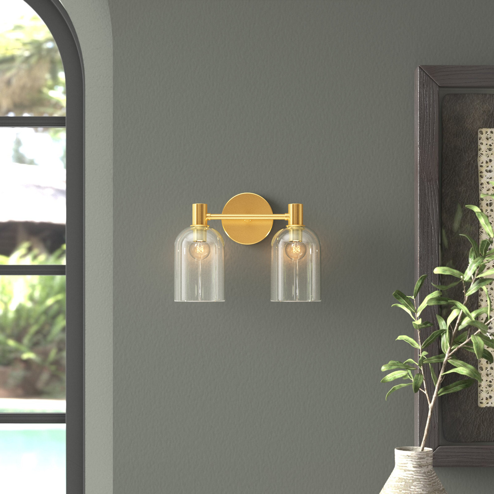 Redmond 2 Light Glass Steel Dimmable Armed Sconce, Aged Brass