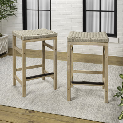 Armand 25.6" Modern Coastal Backless Acacia Wood Outdoor Counter Stool with Woven Rope Seat