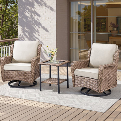 2 - Person Outdoor Wicker Swivel Rocker Seating Group With Side Table And Cushions