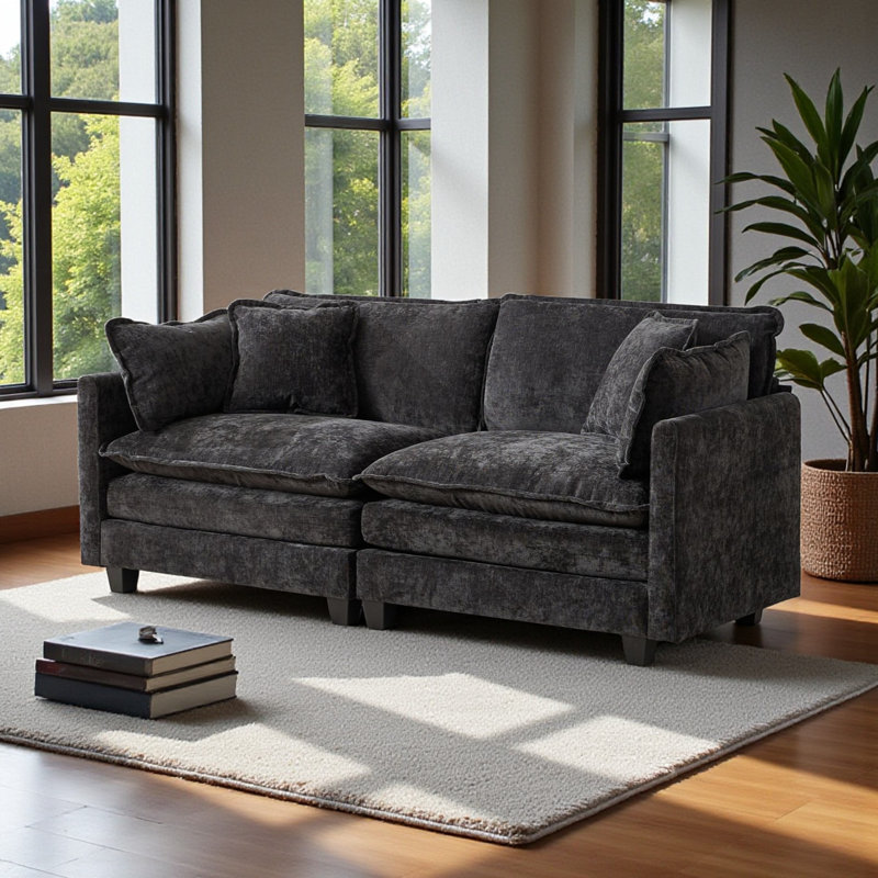 Canapé 78 po avec 4 coussins et coussins en mousse rembourrés en chenille l 78 po, 2, Noir