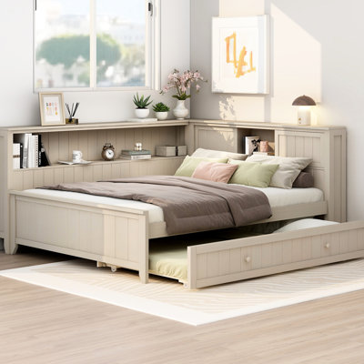 Lit de jour double antique avec rangement en bois de pin massif avec rangement et gigogne