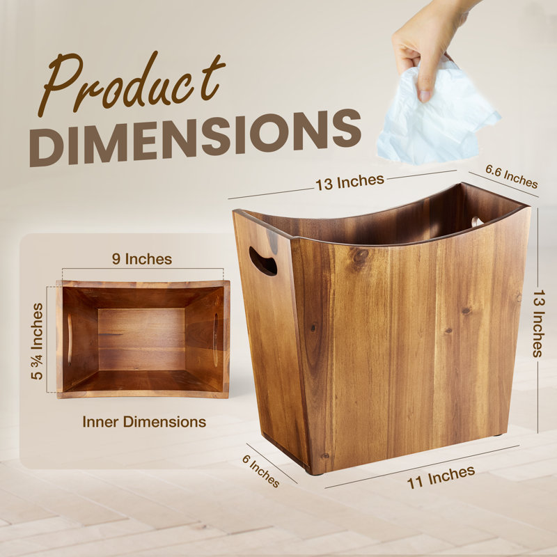 Solid Acacia Wood Decorative Waste Basket With Handles - Versatile Trash Can  for Home, Office, Bedroom & Bath, Brown Wood