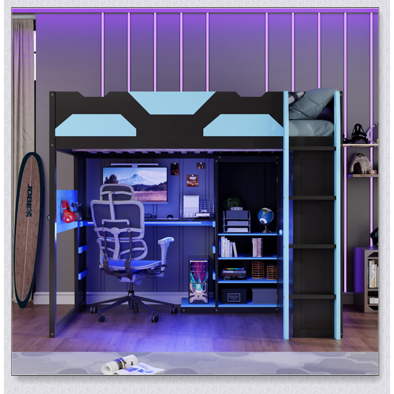 Lit mezzanine en bois avec bureau, tablettes multiples, lumière USB et RVB, Noir / Bleu