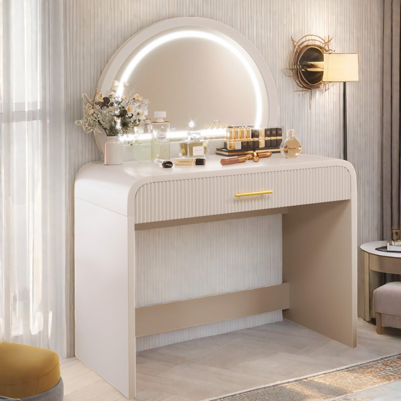 Lederman Makeup Vanity Table with Touch Screen Lighted Mirror, Dressing Table with A Drawer and Curved Edges