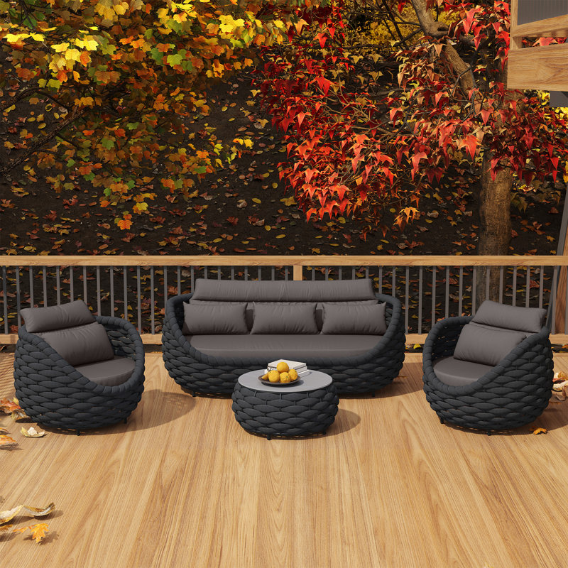 5 - Person Fully Assembled PVC-coated polyester Rope Altuminum Frame Outdoor Conversation Set with Cushions and Table with Marble Pattern Tile Tabletop for Patio Poolside Garden Proch