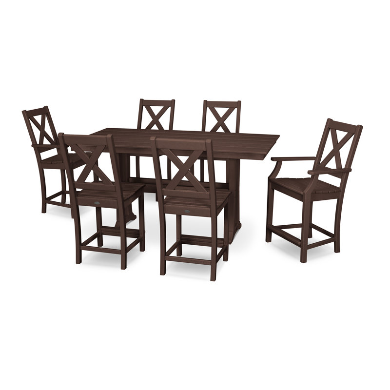 Braxton 7-Piece Farmhouse Trestle Counter Set, Mahogany