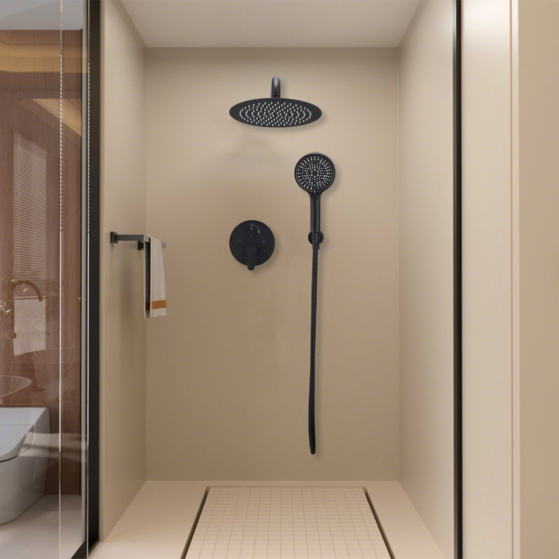 Système de douche rond noir mat avec pomme de douche à pluie de 12 pouces et douchette