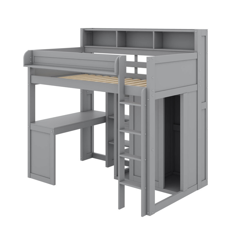 Lit mezzanine simple avec tablettes et garde-robe, Gris