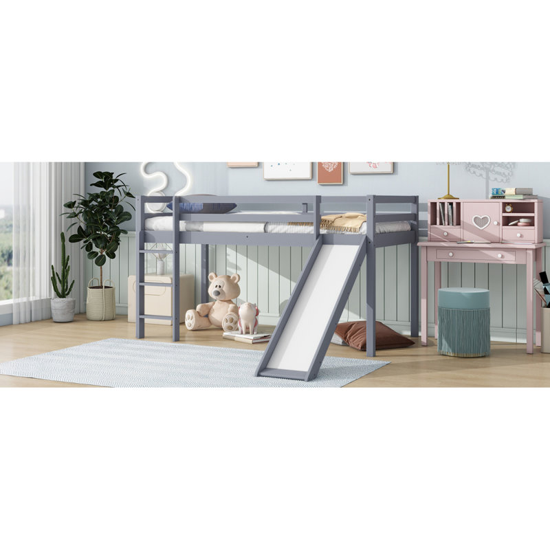 Lit simple mezzanine bas avec glissade, échelle, barrières de sécurité, lit mezzanine simple en bois d'hévéa, gris, Grey