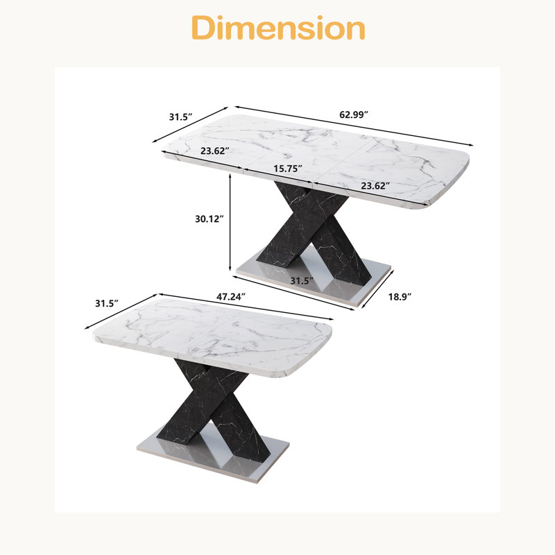 Table de salle à manger rectangulaire de 47,24 "à 62,99", plateau de table en marbre imprimé et extensible + pied de table en MDF en X avec base en métal