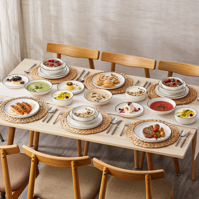 Piece Porcelain China Dinnerware Set - Service for 6, Black/White/Ivory