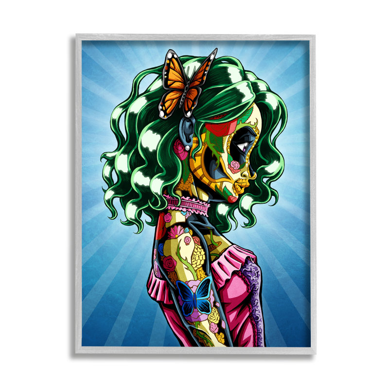 Papillon aux cheveux verts audacieux et détaillé, L 16 po x H 16 po, Cadre gris